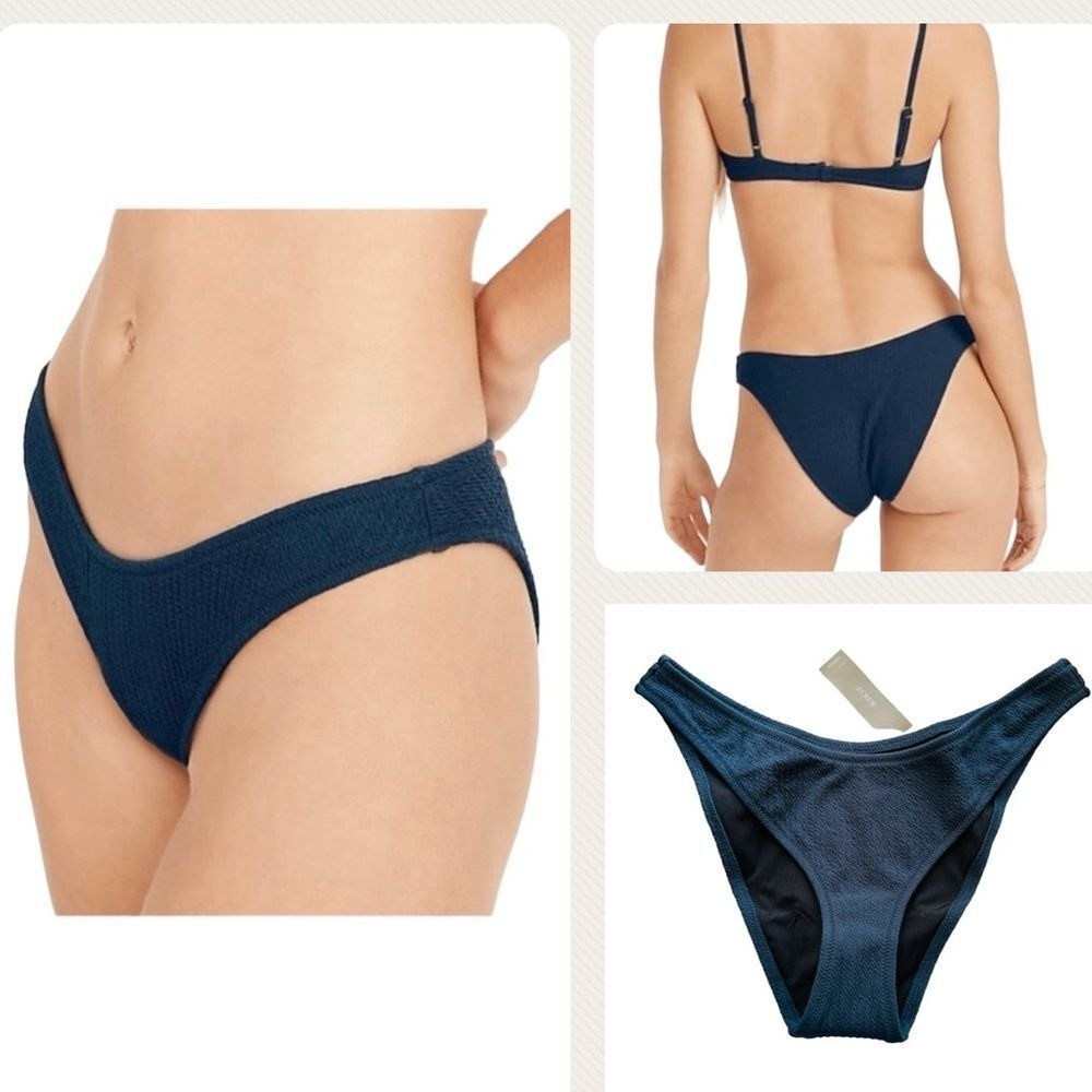 J. Crew Textured Curved-Waist Cheeky Bikini Bottom -Deep Marine, Size Large